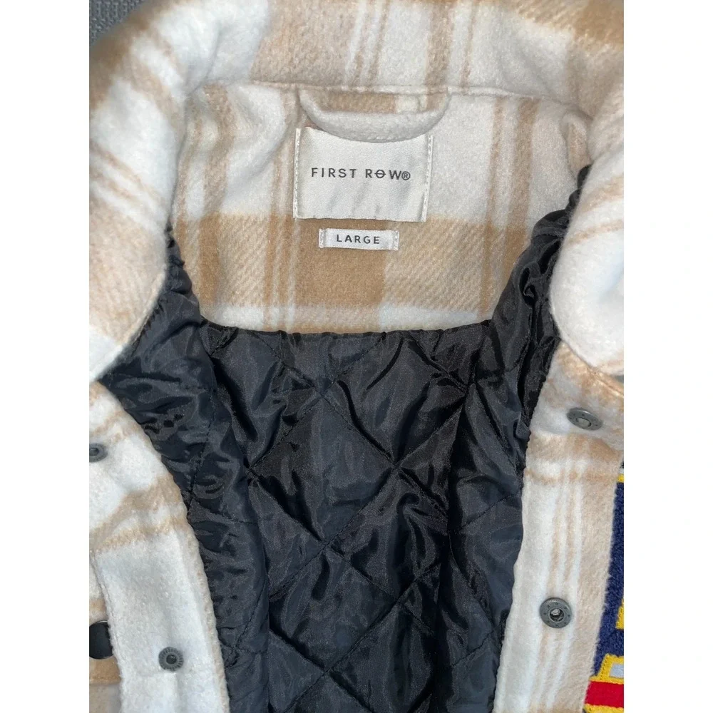 First Row Padding Shacket Mens Large Beige White Check Multi‎ Patches Wool Lined